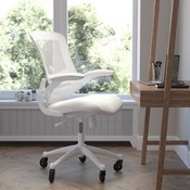 Kelista Mid-Back White Mesh Swivel Ergonomic Task Office Chair with White Frame, Flip-Up Arms, and Transparent Roller Wheels, BL-X-5M-WH-WH-RLB-GG