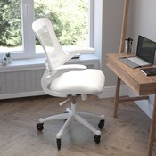 Kelista Mid-Back White Mesh Swivel Ergonomic Task Office Chair with White Frame, Flip-Up Arms, and Transparent Roller Wheels, BL-X-5M-WH-WH-RLB-GG