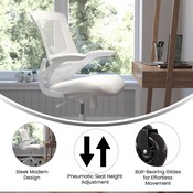 Kelista Mid-Back White Mesh Swivel Ergonomic Task Office Chair with White Frame, Flip-Up Arms, and Transparent Roller Wheels, BL-X-5M-WH-WH-RLB-GG