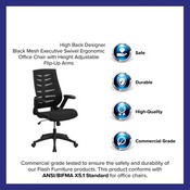 High Back Designer Black Mesh Executive Swivel Ergonomic Office Chair with Height Adjustable Flip-Up Arms, BL-ZP-809-BK-GG