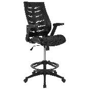 High Back Black Mesh Spine-Back Ergonomic Drafting Chair with Adjustable Foot Ring and Adjustable Flip-Up Arms, BL-ZP-809D-BK-GG