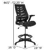 High Back Black Mesh Spine-Back Ergonomic Drafting Chair with Adjustable Foot Ring and Adjustable Flip-Up Arms, BL-ZP-809D-BK-GG