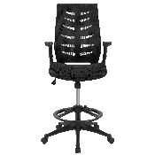 High Back Black Mesh Spine-Back Ergonomic Drafting Chair with Adjustable Foot Ring and Adjustable Flip-Up Arms, BL-ZP-809D-BK-GG