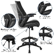 High Back Black Mesh Spine-Back Ergonomic Drafting Chair with Adjustable Foot Ring and Adjustable Flip-Up Arms, BL-ZP-809D-BK-GG
