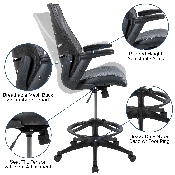 High Back Dark Gray Mesh Spine-Back Ergonomic Drafting Chair with Adjustable Foot Ring and Adjustable Flip-Up Arms, BL-ZP-809D-DKGY-GG