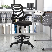 Mid-Back Black Mesh Ergonomic Drafting Chair with Adjustable Foot Ring and Flip-Up Arms, BL-ZP-8805D-BK-GG