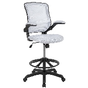 Mid-Back White Mesh Ergonomic Drafting Chair with Adjustable Foot Ring and Flip-Up Arms, BL-ZP-8805D-WH-GG