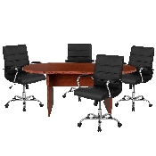 5 Piece Cherry Oval Conference Table Set with 4 Black and Chrome LeatherSoft Executive Chairs, BLN-6GCCHR2286-BK-GG