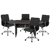 5 Piece Rustic Gray Oval Conference Table Set with 4 Black and Chrome LeatherSoft Executive Chairs, BLN-6GCGRY2286-BK-GG
