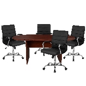 5 Piece Mahogany Oval Conference Table Set with 4 Black and Chrome LeatherSoft Executive Chairs, BLN-6GCMHG2286-BK-GG
