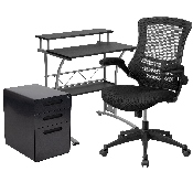 Work From Home Kit - Black Computer Desk, Ergonomic Mesh Office Chair and Locking Mobile Filing Cabinet with Inset Handles