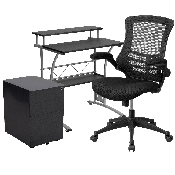 Work From Home Kit - Black Computer Desk, Ergonomic Mesh Office Chair and Locking Mobile Filing Cabinet with Side Handles