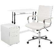 Work From Home Kit - White Adjustable Computer Desk, LeatherSoft Office Chair and Inset Handle Locking Mobile Filing Cabinet, BLN-NAN219AP595M-WH-GG