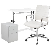 Work From Home Kit - White Adjustable Computer Desk, LeatherSoft Office Chair and Side Handle Locking Mobile Filing Cabinet, BLN-NAN219CHP595M-WH-GG