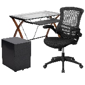 Work From Home Kit - Glass Desk with Keyboard Tray, Ergonomic Mesh Office Chair and Filing Cabinet with Lock & Side Handles