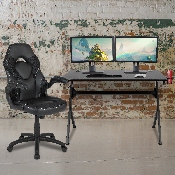 Black Gaming Desk and Black Racing Chair Set with Cup Holder, Headphone Hook & 2 Wire Management Holes, BLN-X10D1904-BK-GG