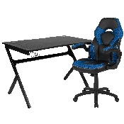 Black Gaming Desk and Blue and Black Racing Chair Set with Cup Holder, Headphone Hook & 2 Wire Management Holes, BLN-X10D1904-BL-GG
