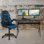 Black Gaming Desk and Blue and Black Racing Chair Set with Cup Holder, Headphone Hook & 2 Wire Management Holes, BLN-X10D1904-BL-GG