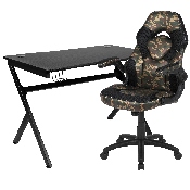 Black Gaming Desk and Camouflage/Black Racing Chair Set with Cup Holder, Headphone Hook & 2 Wire Management Holes, BLN-X10D1904-CAM-GG