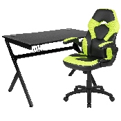 Black Gaming Desk and Green/Black Racing Chair Set with Cup Holder, Headphone Hook & 2 Wire Management Holes, BLN-X10D1904-GN-GG