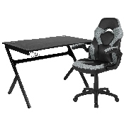 Black Gaming Desk and Gray/Black Racing Chair Set with Cup Holder, Headphone Hook & 2 Wire Management Holes, BLN-X10D1904-GY-GG