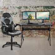 Black Gaming Desk and Gray/Black Racing Chair Set with Cup Holder, Headphone Hook & 2 Wire Management Holes, BLN-X10D1904-GY-GG