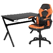Black Gaming Desk and Orange/Black Racing Chair Set with Cup Holder, Headphone Hook & 2 Wire Management Holes, BLN-X10D1904-OR-GG
