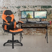 Black Gaming Desk and Orange/Black Racing Chair Set with Cup Holder, Headphone Hook & 2 Wire Management Holes, BLN-X10D1904-OR-GG
