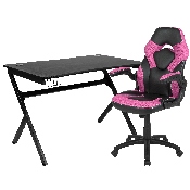 Black Gaming Desk and Pink/Black Racing Chair Set with Cup Holder, Headphone Hook & 2 Wire Management Holes, BLN-X10D1904-PK-GG