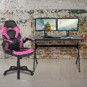 Black Gaming Desk and Pink/Black Racing Chair Set with Cup Holder, Headphone Hook & 2 Wire Management Holes, BLN-X10D1904-PK-GG