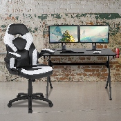 Black Gaming Desk and White/Black Racing Chair Set with Cup Holder, Headphone Hook & 2 Wire Management Holes, BLN-X10D1904-WH-GG