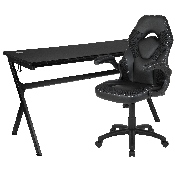 Gaming Desk and Black Racing Chair Set /Cup Holder/Headphone Hook/Removable Mouse Pad Top - 2 Wire Management Holes, BLN-X10D1904L-BK-GG