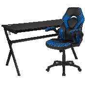 Gaming Desk and Blue/Black Racing Chair Set /Cup Holder/Headphone Hook/Removable Mouse Pad Top - 2 Wire Management Holes, BLN-X10D1904L-BL-GG