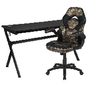 Gaming Desk and Camouflage/Black Racing Chair Set /Cup Holder/Headphone Hook/Removable Mouse Pad Top - 2 Wire Management Holes, BLN-X10D1904L-CAM-GG
