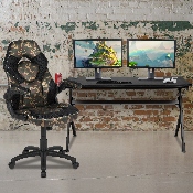 Gaming Desk and Camouflage/Black Racing Chair Set /Cup Holder/Headphone Hook/Removable Mouse Pad Top - 2 Wire Management Holes, BLN-X10D1904L-CAM-GG