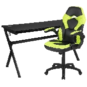 Gaming Desk and Green/Black Racing Chair Set /Cup Holder/Headphone Hook/Removable Mouse Pad Top - 2 Wire Management Holes, BLN-X10D1904L-GN-GG