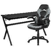 Gaming Desk and Gray/Black Racing Chair Set /Cup Holder/Headphone Hook/Removable Mouse Pad Top - 2 Wire Management Holes, BLN-X10D1904L-GY-GG