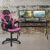 Gaming Desk and Pink/Black Racing Chair Set /Cup Holder/Headphone Hook/Removable Mouse Pad Top - 2 Wire Management Holes, BLN-X10D1904L-PK-GG