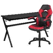 Gaming Desk and Red/Black Racing Chair Set /Cup Holder/Headphone Hook/Removable Mouse Pad Top - 2 Wire Management Holes, BLN-X10D1904L-RD-GG
