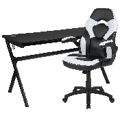 Gaming Desk and White/Black Racing Chair Set /Cup Holder/Headphone Hook/Removable Mouse Pad Top - 2 Wire Management Holes, BLN-X10D1904L-WH-GG