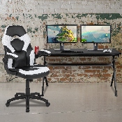Gaming Desk and White/Black Racing Chair Set /Cup Holder/Headphone Hook/Removable Mouse Pad Top - 2 Wire Management Holes, BLN-X10D1904L-WH-GG