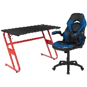 Red Gaming Desk and Blue/Black Racing Chair Set with Cup Holder and Headphone Hook, BLN-X10RSG1030-BL-GG
