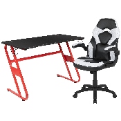 Red Gaming Desk and White/Black Racing Chair Set with Cup Holder and Headphone Hook, BLN-X10RSG1030-WH-GG