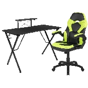 Black Gaming Desk and Green/Black Racing Chair Set with Cup Holder, Headphone Hook, and Monitor/Smartphone Stand, BLN-X10RSG1031-GN-GG