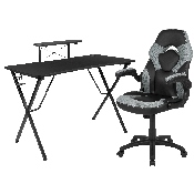 Black Gaming Desk and Gray/Black Racing Chair Set with Cup Holder, Headphone Hook, and Monitor/Smartphone Stand, BLN-X10RSG1031-GY-GG