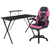 Black Gaming Desk and Pink/Black Racing Chair Set with Cup Holder, Headphone Hook, and Monitor/Smartphone Stand, BLN-X10RSG1031-PK-GG