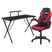 Black Gaming Desk and Red/Black Racing Chair Set with Cup Holder, Headphone Hook, and Monitor/Smartphone Stand, BLN-X10RSG1031-RD-GG