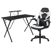 Black Gaming Desk and White/Black Racing Chair Set with Cup Holder, Headphone Hook, and Monitor/Smartphone Stand, BLN-X10RSG1031-WH-GG
