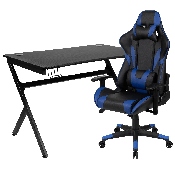 Black Gaming Desk and Blue/Black Reclining Gaming Chair Set with Cup Holder, Headphone Hook & 2 Wire Management Holes, BLN-X20D1904-BL-GG