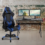 Black Gaming Desk and Blue/Black Reclining Gaming Chair Set with Cup Holder, Headphone Hook & 2 Wire Management Holes, BLN-X20D1904-BL-GG